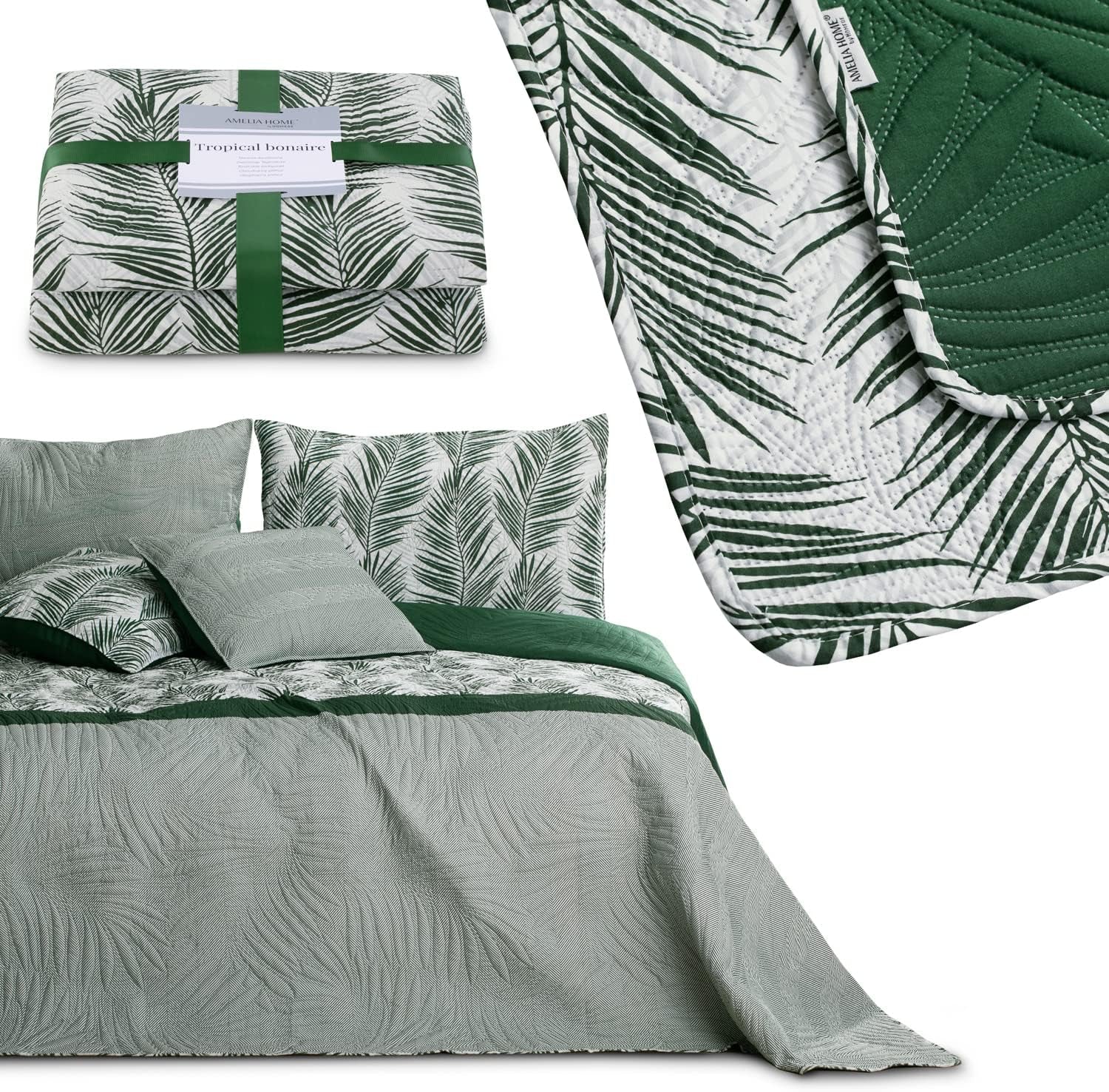 Ameliahome Colcha Colcha 170X210 Cm Colcha De Doble Cara De Fácil Cuidado Estampado De Plantas Verde Blanco Tropical Bonaire Camas y Mantas Besuche den AmeliaHome-Store