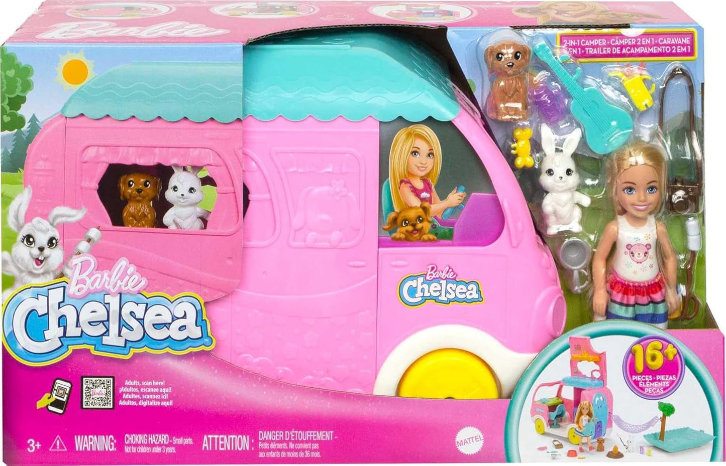 Caravana Barbie Chelsea 2 en 1: vehículo de juguete con piscina, hamaca y comedor para juegos imaginativos y cuentos, a partir de 3 años, HNH90
