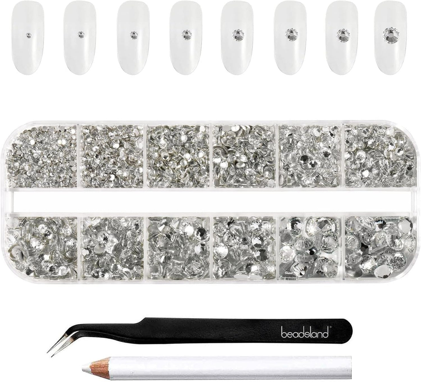 Beadsland 2500 piezas de piedras de cristal para decoración de uñas con parte trasera plana, piedras preciosas para trabajos manuales de 8 tamaños SS4 ~ SS30 con pinzas y puntas (Kristall Weiss)