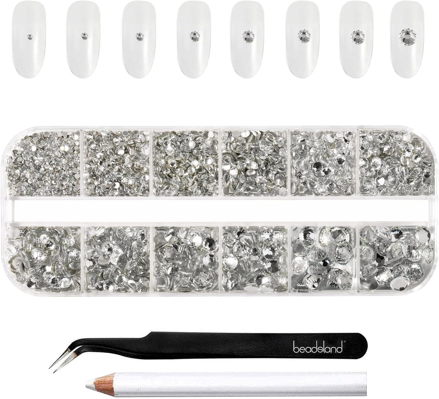 Beadsland 2500 piezas de piedras de cristal para decoración de uñas con parte trasera plana, piedras preciosas para trabajos manuales de 8 tamaños SS4 ~ SS30 con pinzas y puntas (Kristall Weiss)