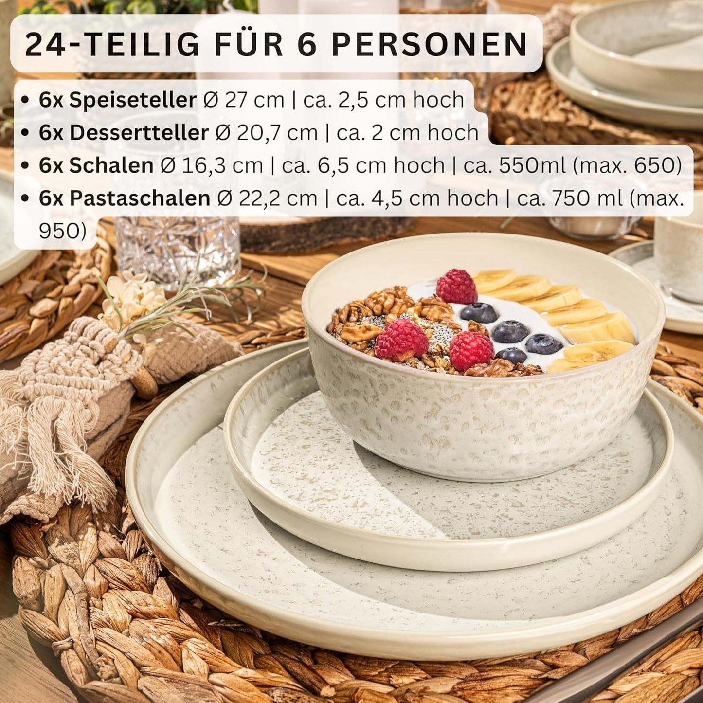 SÄNGER Cayo Hueso | Juego de vajilla de gres Juego de platos llanos de 24 piezas para 6 6 platos llanos Tazones de cereales Platos de postre Tazones de pasta Vajilla color crema con textura arenosa | LA COLECCIÓN DE VALOR