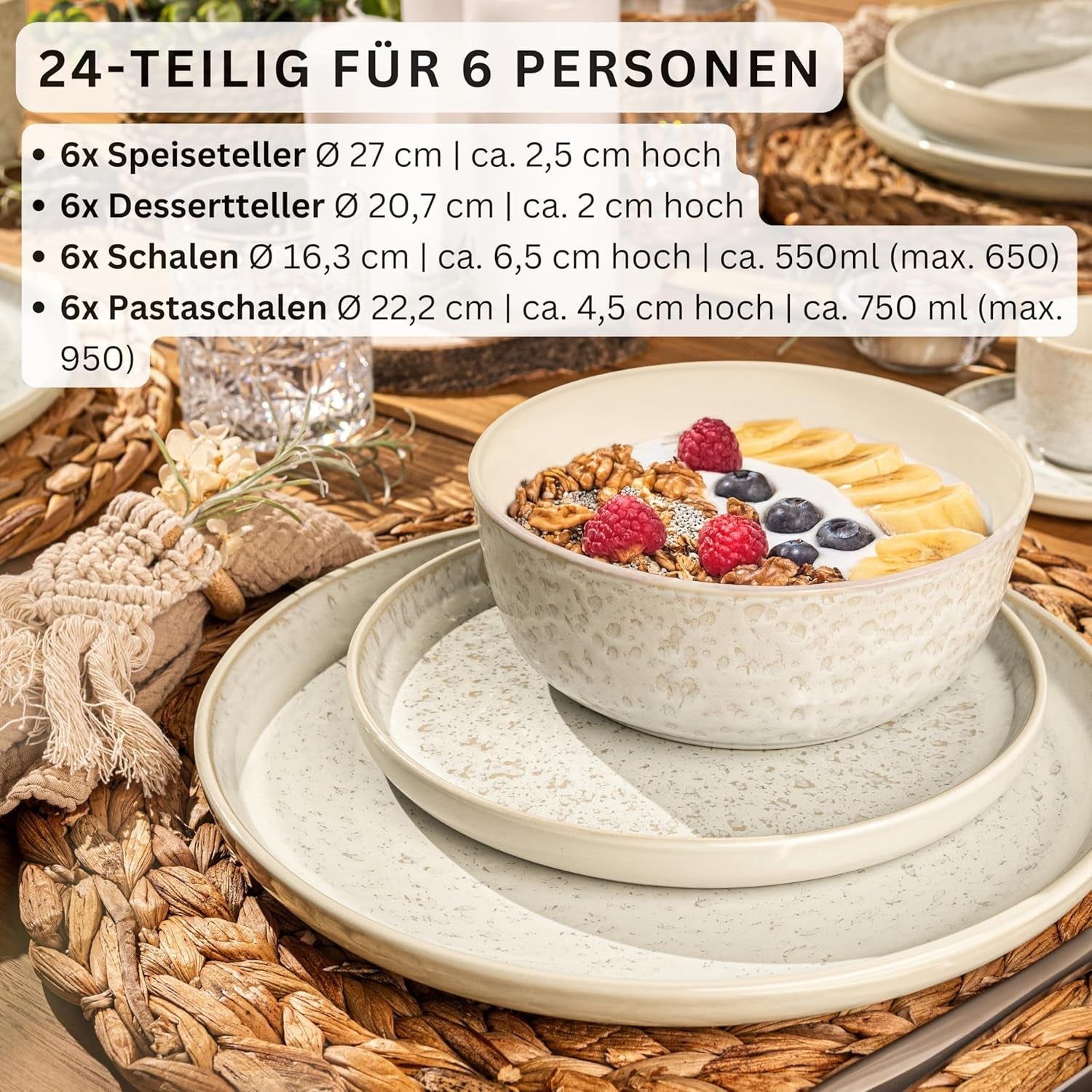 SÄNGER Cayo Hueso | Juego de vajilla de gres Juego de platos llanos de 24 piezas para 6 6 platos llanos Tazones de cereales Platos de postre Tazones de pasta Vajilla color crema con textura arenosa | LA COLECCIÓN DE VALOR