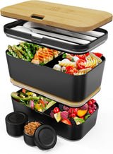 Umami Fiambrera para Adultos, Fiambrera Bento Apilable a Prueba de Fugas con 4 Cubiertos y Compartimentos, Fiambrera para Adultos, Recipiente para Ensalada para Llevar, Fiambrera para Picnic/Oficina, Gris Carbón, 1500ml