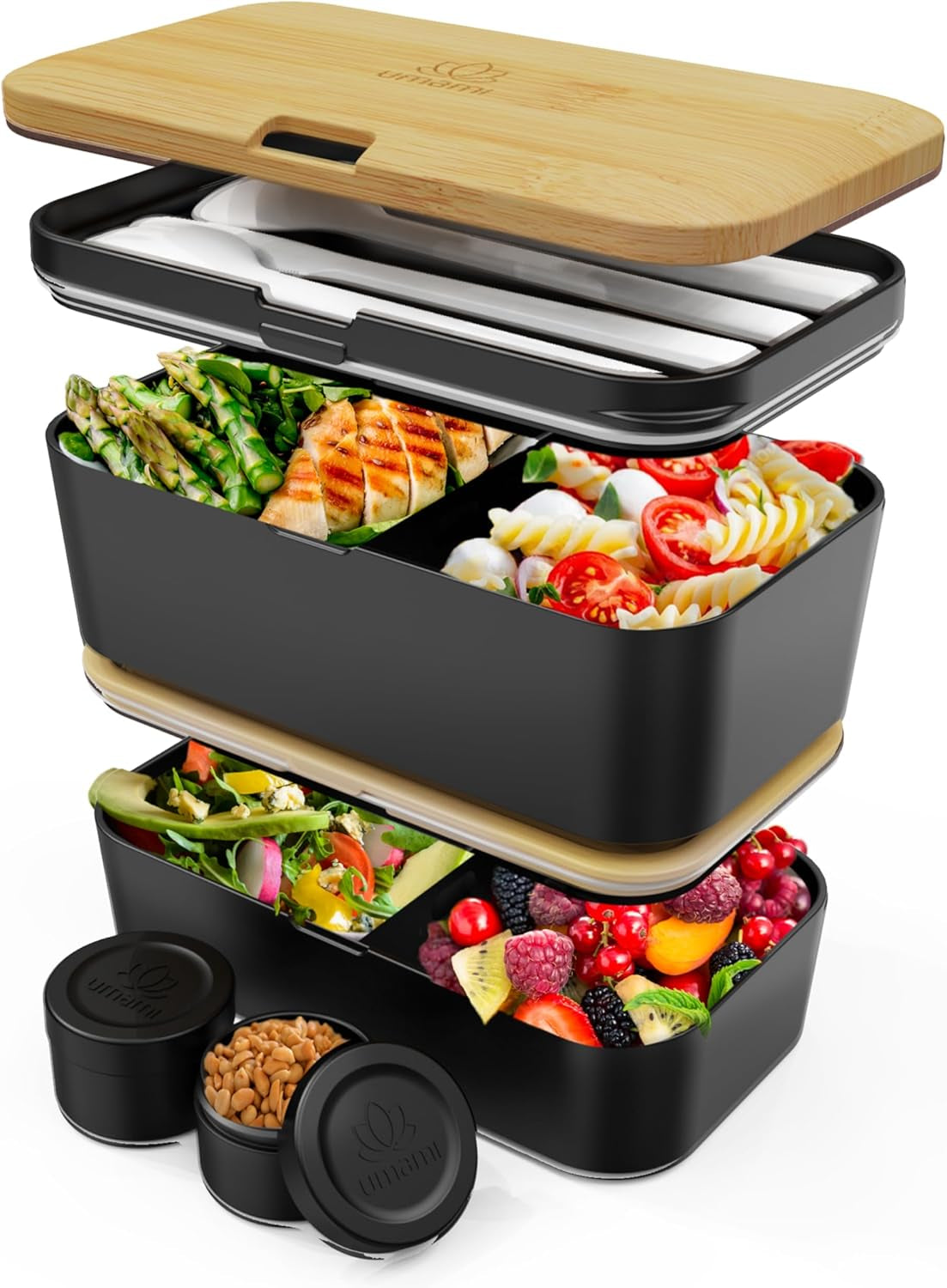 Umami Fiambrera para Adultos, Fiambrera Bento Apilable a Prueba de Fugas con 4 Cubiertos y Compartimentos, Fiambrera para Adultos, Recipiente para Ensalada para Llevar, Fiambrera para Picnic/Oficina, Gris Carbón, 1500ml