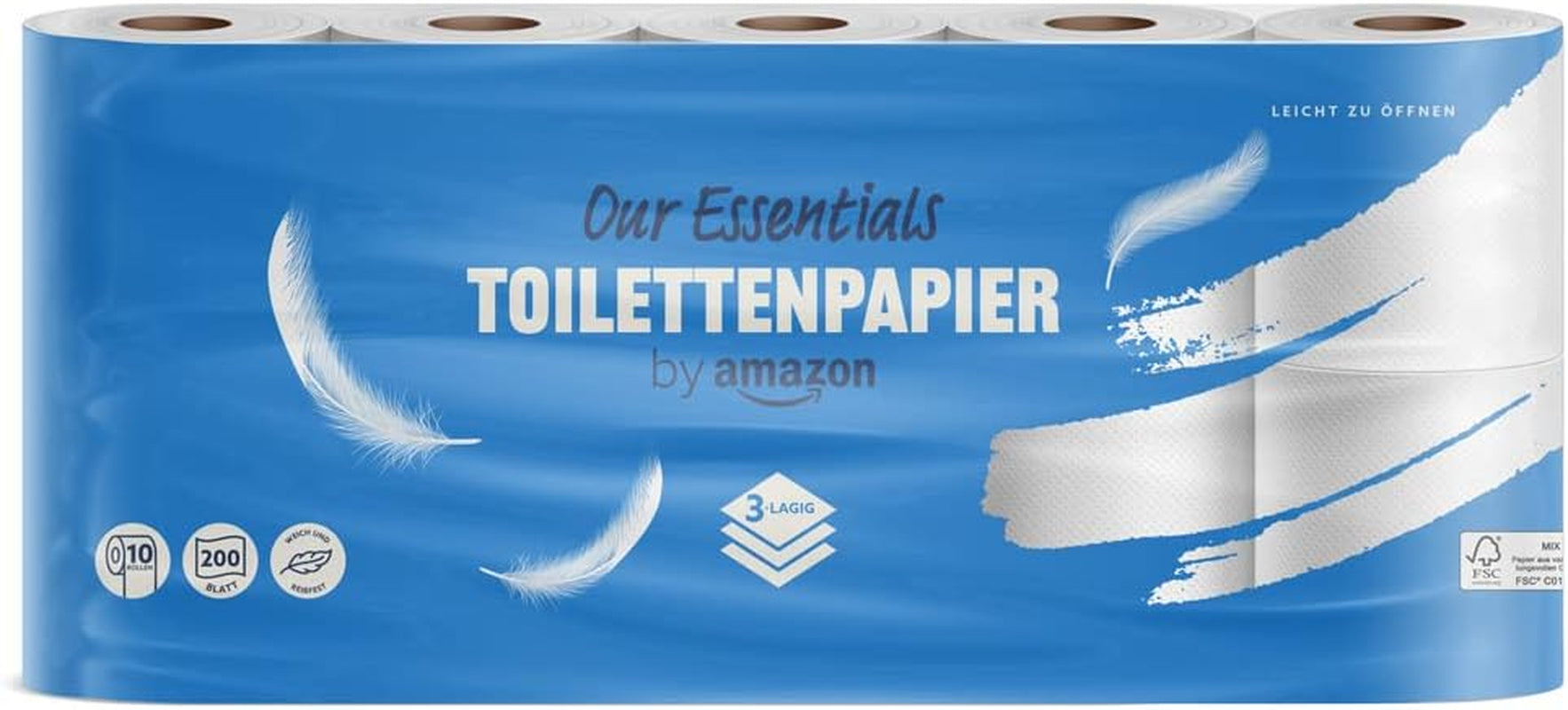 Por Amazon Papel higiénico, 3 capas, 10 rollos (10 rollos, 1 paquete) 200 hojas por rollo, certificado Fsc