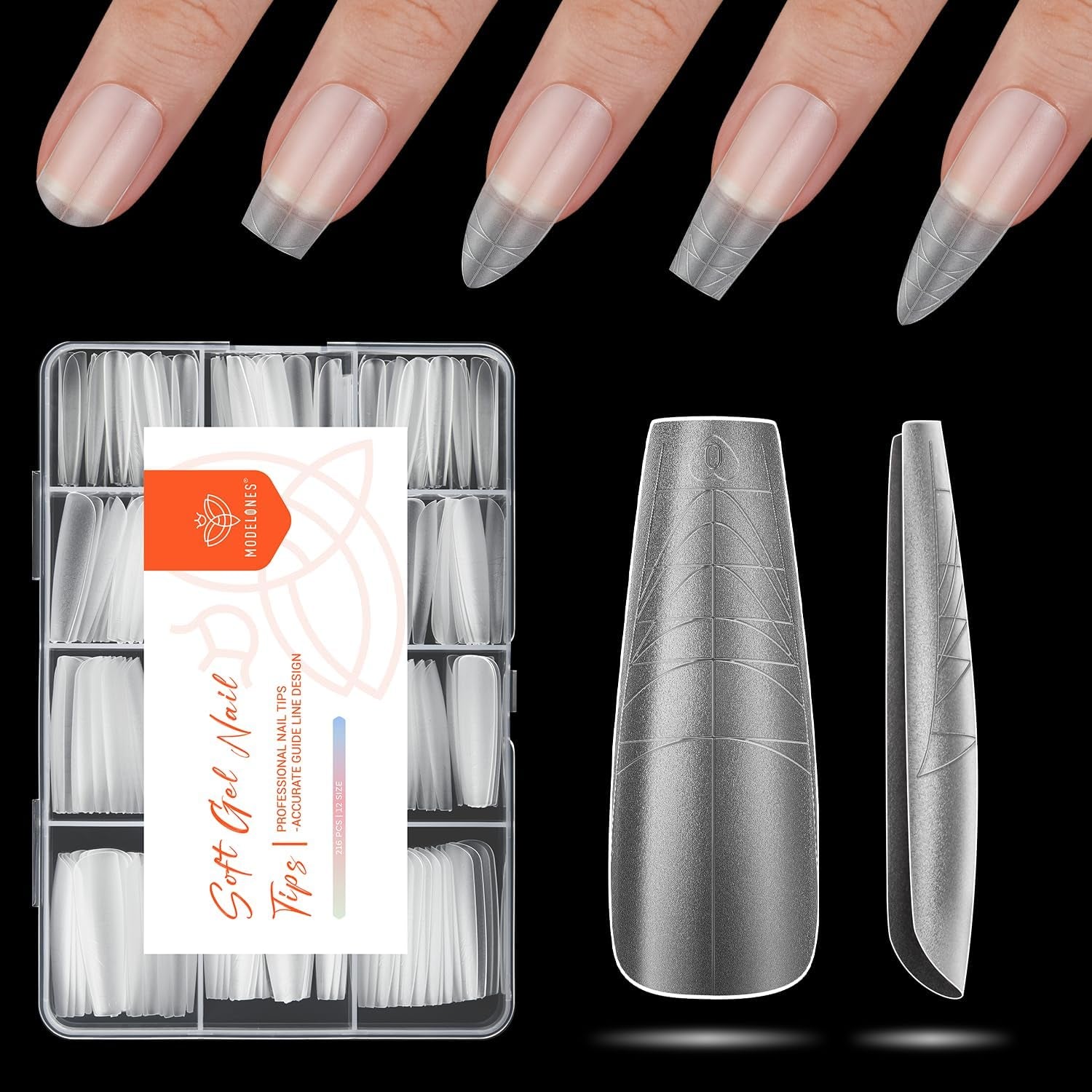 Modelones Puntas de Uñas 216 Piezas - Juego de Puntas de Uñas de Cobertura Completa, Juego de Puntas de Gel Suave, Puntas de Uñas de Resina PMMA Prepulido, Pegamento DIY en Uñas Artificiales, Almendras Cortas XS