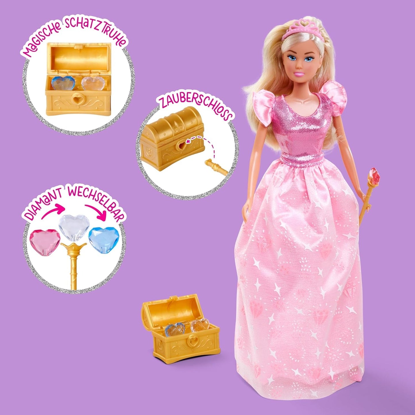 Simba Steffi Love Princess Diamond Princess Play Doll con cofre del tesoro mágico, cetro y diamantes, 29 cm, a partir de 3 años