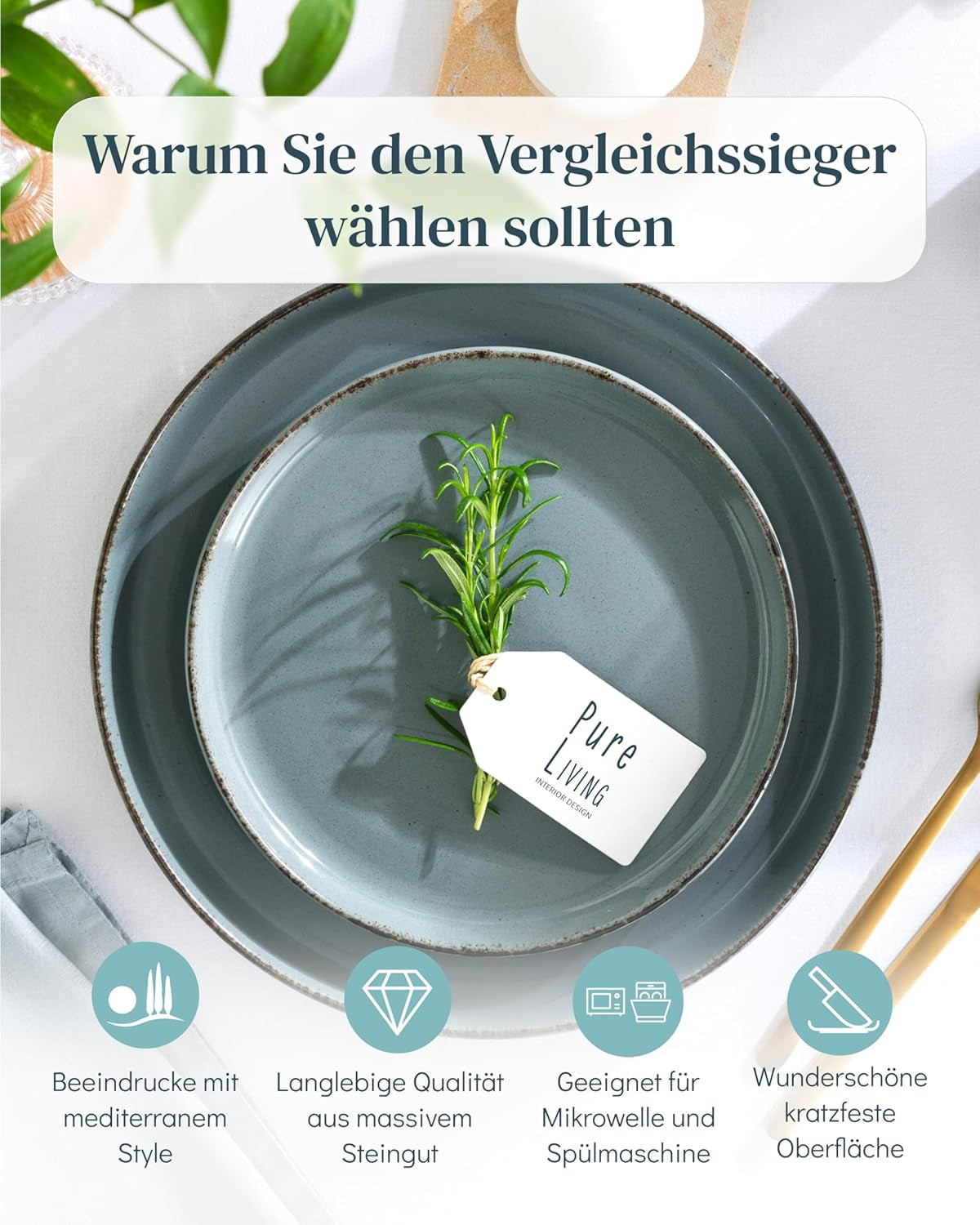 Steingut Geschirrset 12 Personen Rústico 36 tlg. TESTSIEGER, Hochwertiges Landhaussttil Steingut Geschirr Set, Schüssel- und Teller Set, Tafelservice 12 Personen, Geschirrsets Pure Living in Rauchblau