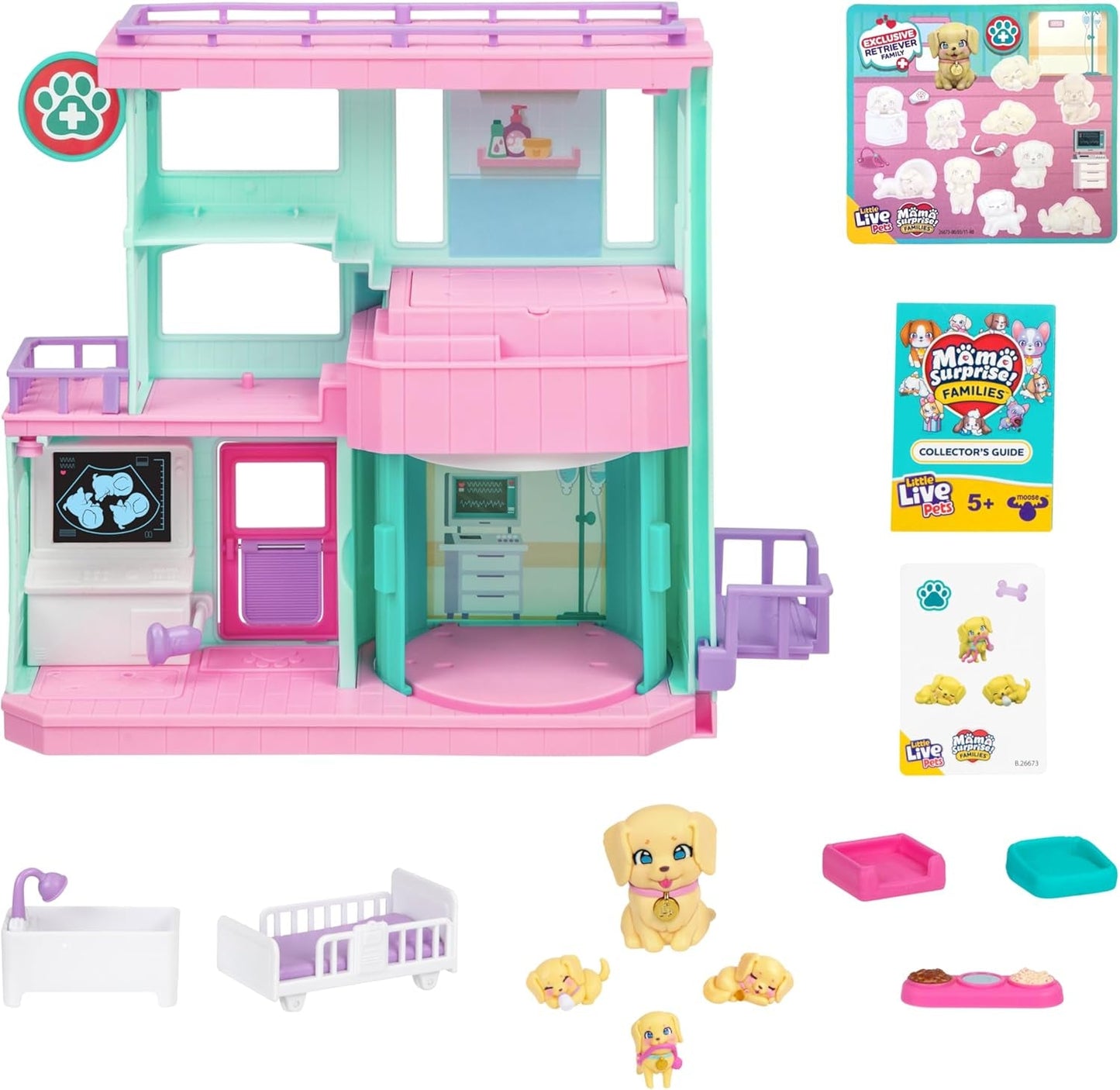 Little Live Pets Mama Surprise Families Baby Clinic Playset, 3 cachorros Retriever incluidos, Magic, juego de doble cara (27,8 cm de ancho, 23,8 cm de alto). Alimentar, bañar y jugar, regalo para niños Figuras de acción Naty Shop