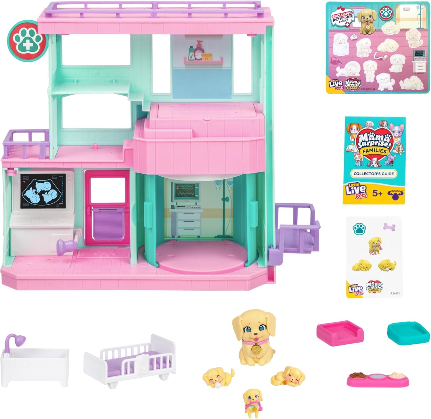 Little Live Pets Mama Surprise Families Baby Clinic Playset, 3 cachorros Retriever incluidos, Magic, juego de doble cara (27,8 cm de ancho, 23,8 cm de alto). Alimentar, bañar y jugar, regalo para niños Figuras de acción Naty Shop