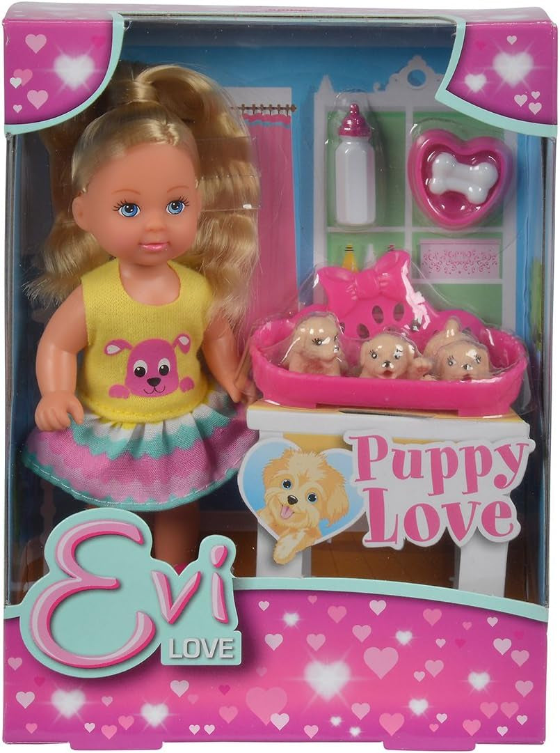 Simba 105733041 - Evi Love Puppy Love con TRES Cachorros, con Casa para Perro y Accesorios, Muñeca de Moda, 12 cm, para Niños a Partir de 3 Años