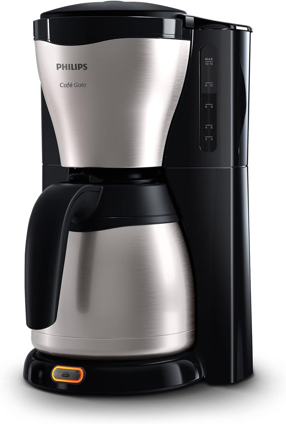 PHILIPS Café Gaia Cafetera Espresso con Filtro - Jarra Termo de Acero Inoxidable, Sistema Antigoteo, Aroma Intenso, Apagado Automático, 1300ml, Negra (HD7546/20)