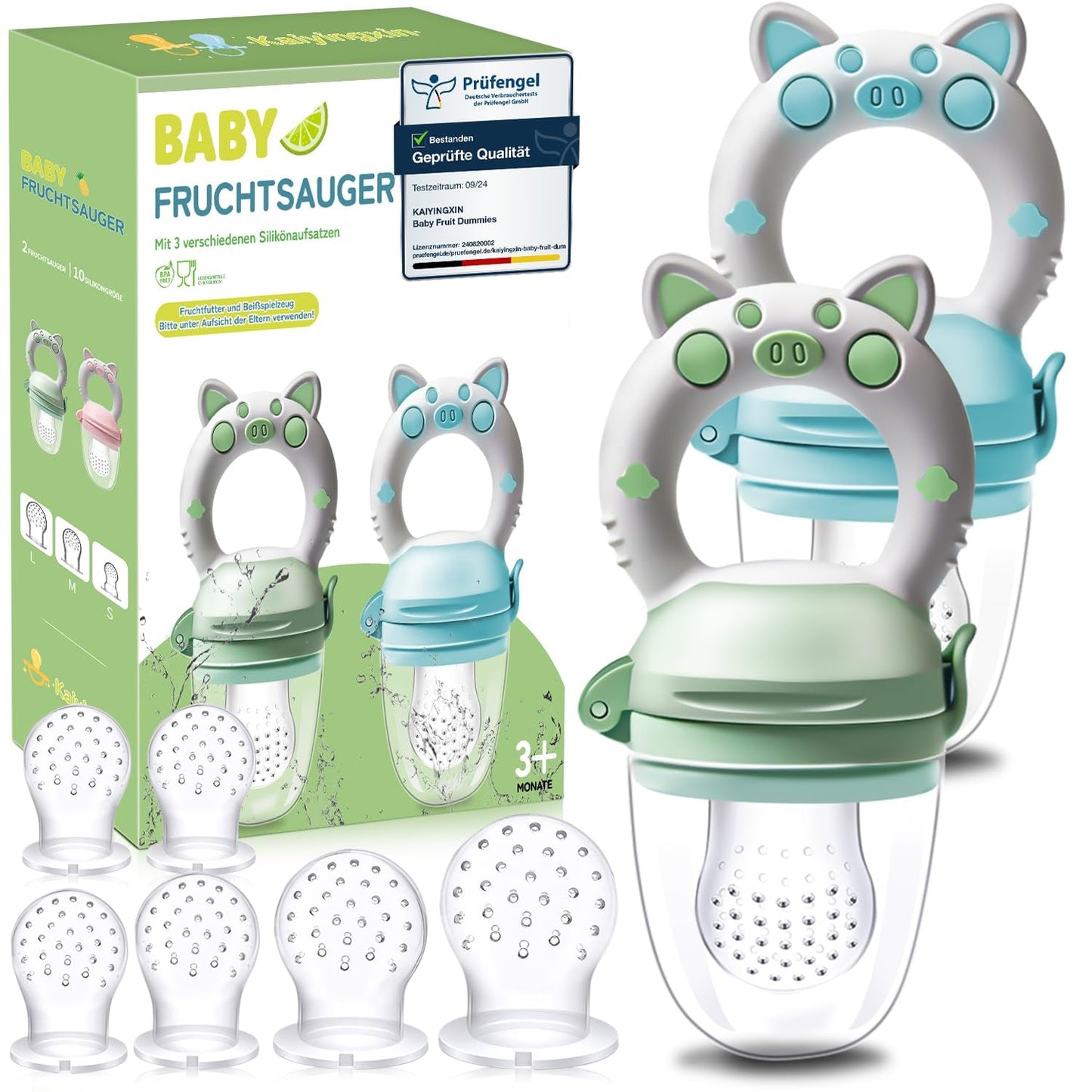 Chupetes de Frutas para Bebé, Pack de 2 Chupetes de Frutas para Bebés de 3 Meses en adelante Versión Mejorada 2023, Chupetes Rellenables, Chupetes de Gachas, Chupetes de Frutas para Bebés, Sin BPA, 8 Tetinas de Silicona en 3 Tamaños