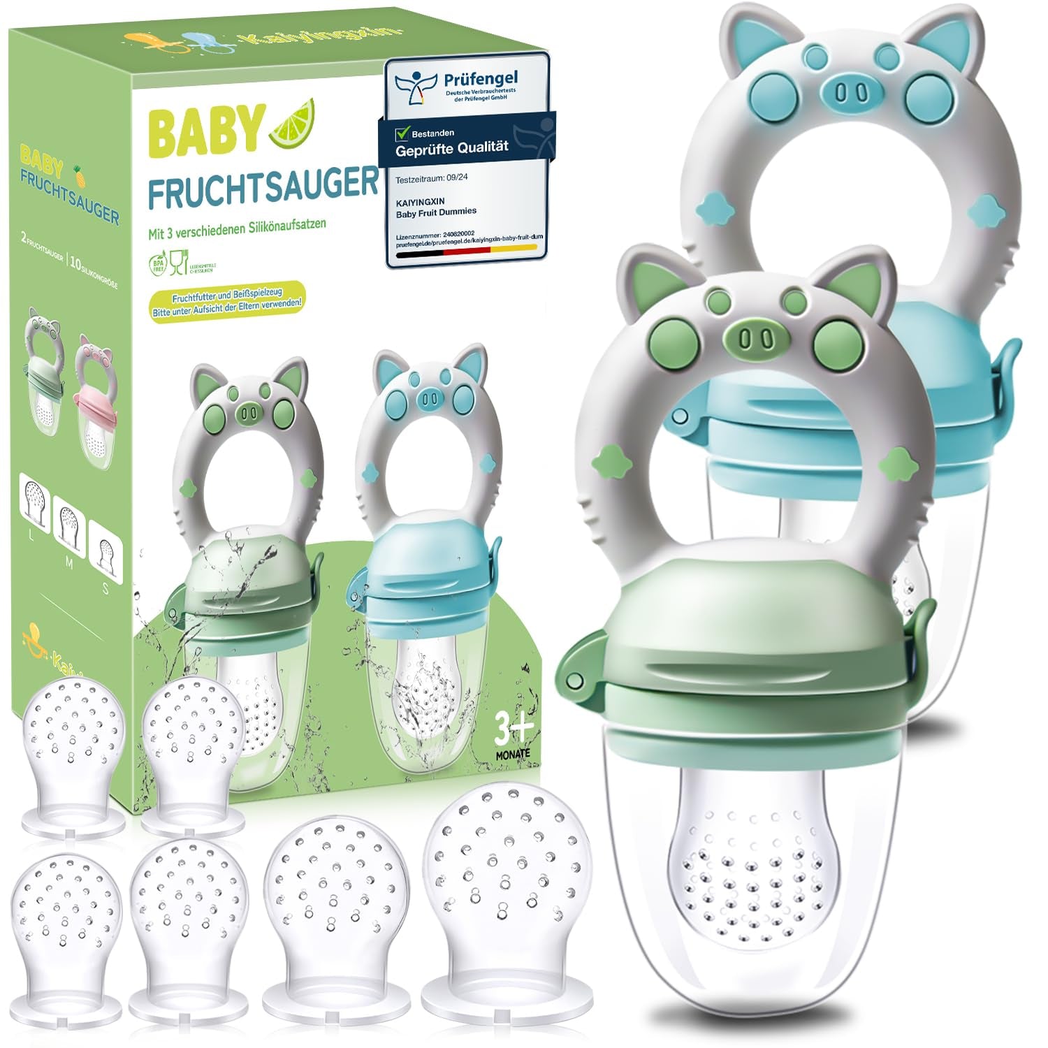 Chupetes de Frutas para Bebé, Pack de 2 Chupetes de Frutas para Bebés de 3 Meses en adelante Versión Mejorada 2023, Chupetes Rellenables, Chupetes de Gachas, Chupetes de Frutas para Bebés, Sin BPA, 8 Tetinas de Silicona en 3 Tamaños