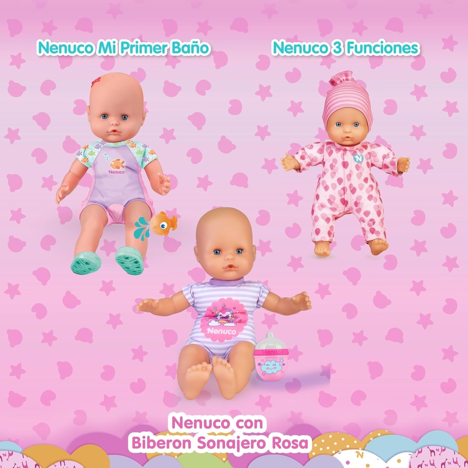Mi primer baño: Un muñeco blandito con cuerpo impermeable, apto para usar en la bañera, la piscina y el mar. Incluye traje de baño y un pez colocado en el agua.