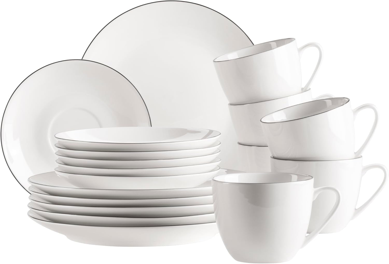 MÄSER Serie Felise, elegante servicio de café para 6 personas, atemporal, borde negro, porcelana, blanco