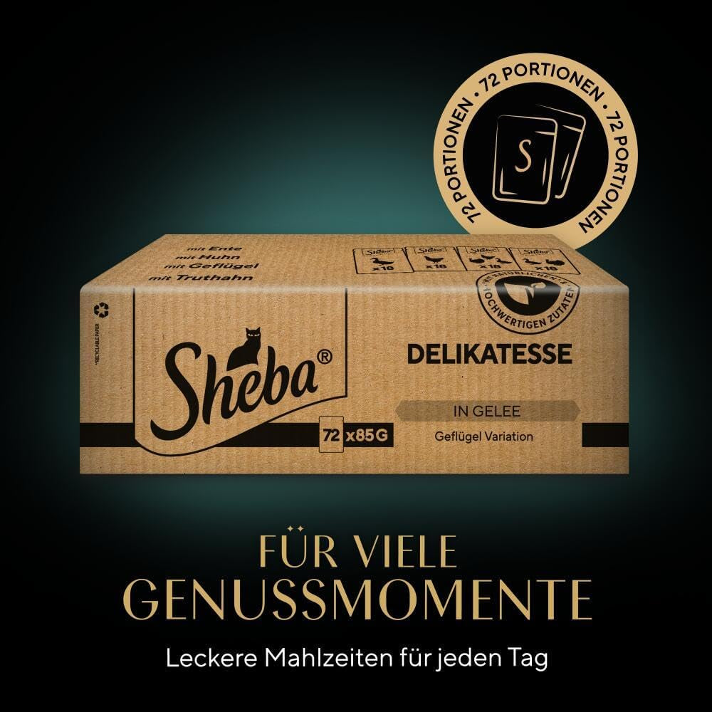 SHEBA Comida húmeda para gatos - 72 sobres x 85g - Variedad de ave en gelatina - Comida húmeda para gatos - 1 paquete grande
