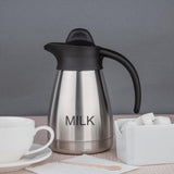 Taza de leche al vacío Olympia con tapa de rosca, 500 ml/17 oz, acero inoxidable con tapa negra, impresión de leche en el lateral, estaciones de buffet para té y café, CL371