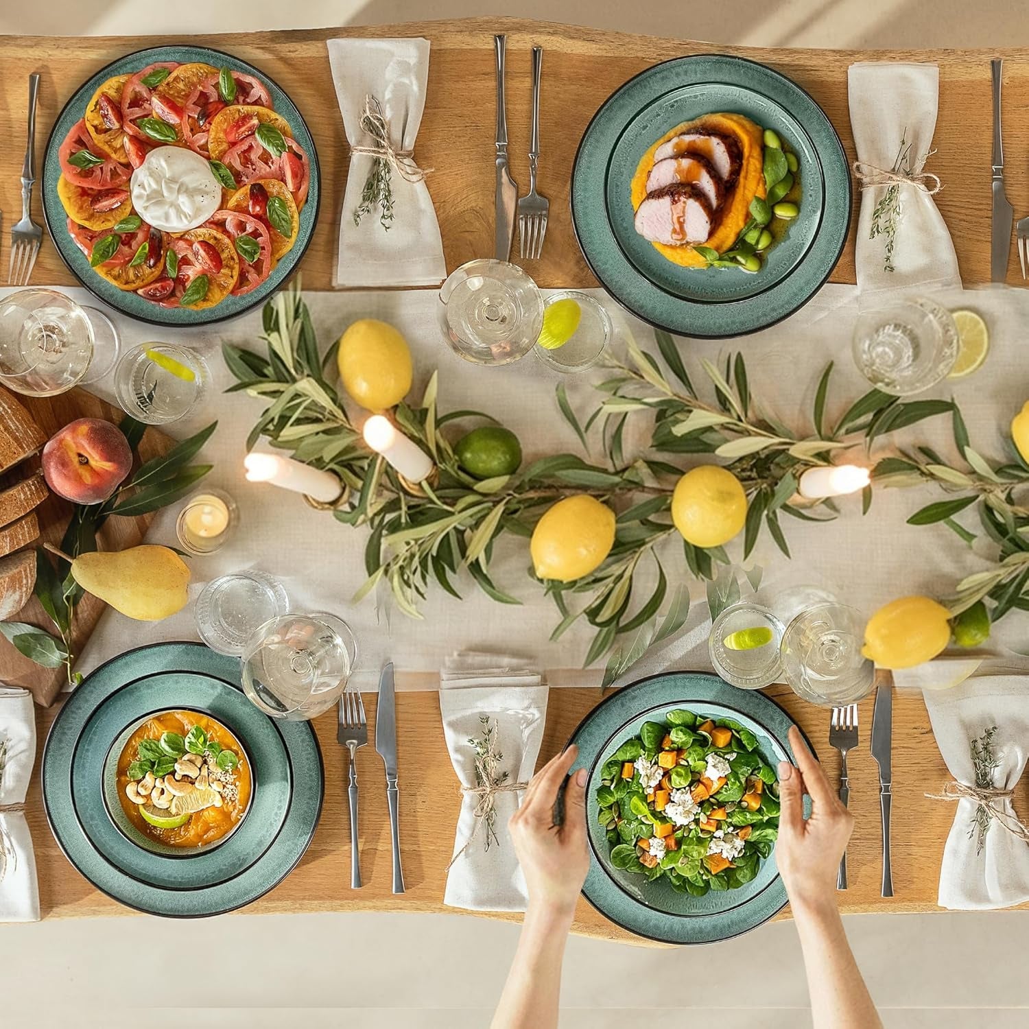Twinzee Juego de vajilla de gres de 24 piezas para 6 personas - Juego de cuencos y platos - Gres apto para microondas - Colección Riviera