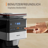 KRUPS Grind Aroma XL Cafetera espresso, Molinillo cónico desmontable, Panel de control digital, Capacidad XL (1,5 L), Función mantener caliente, Jarra de cristal, Negro/Acero inoxidable, KM842810