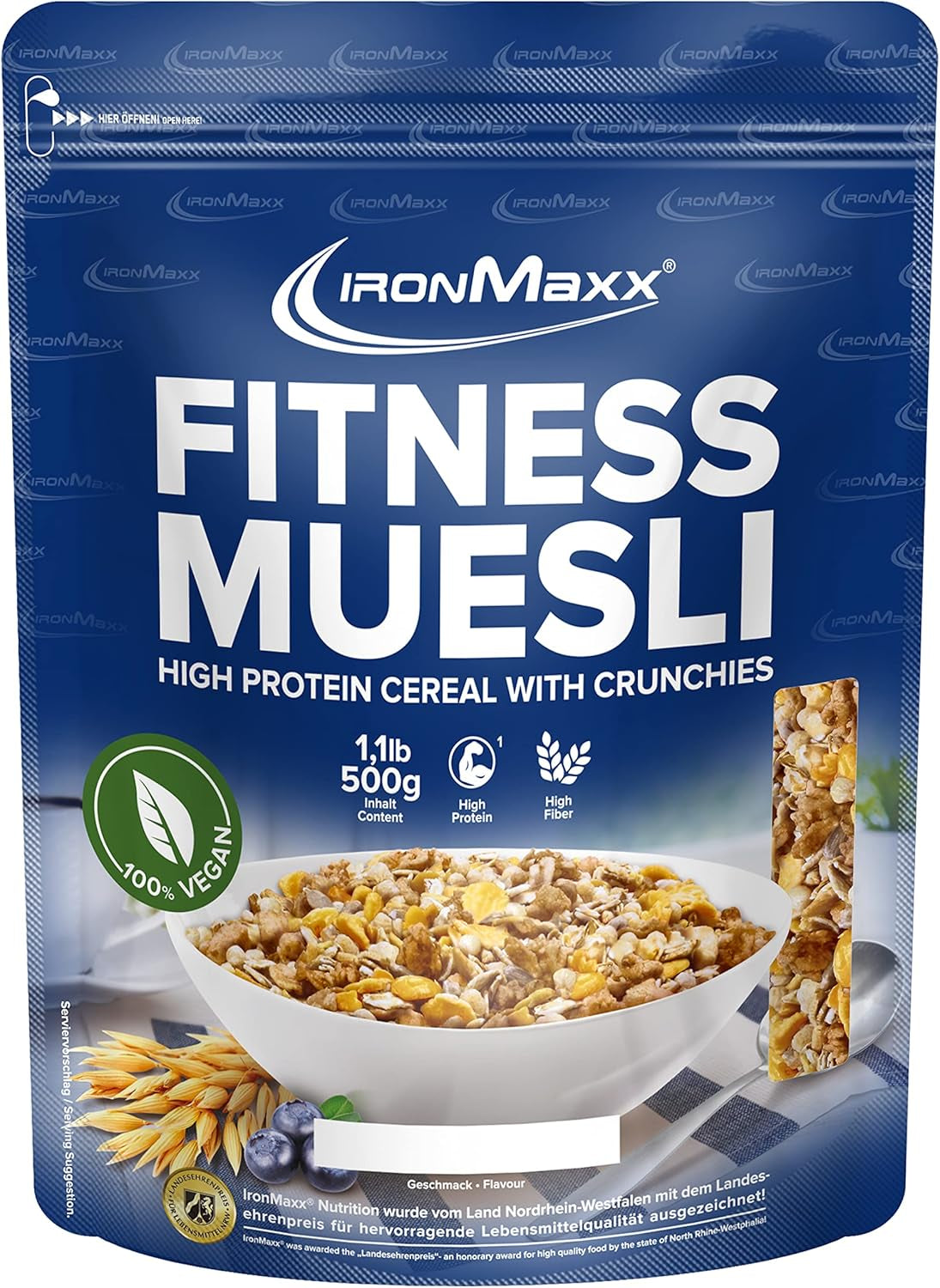 IronMaxx Fitness Muesli - Galletas y Crema, Bolsa de 2 kg | Muesli vegano rico en proteínas con contenido crujiente | Bajo en azúcar y alto en fibra.