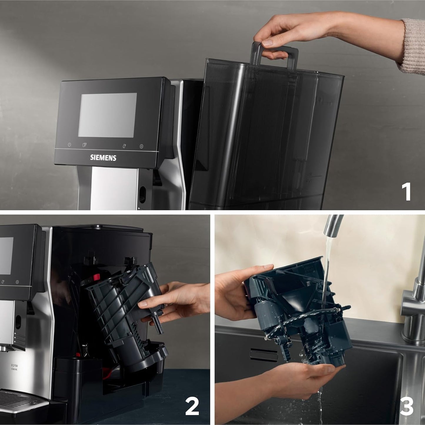 Cafetera espresso automática Siemens EQ700 classic TP715D01, control por aplicación, preparación en frío, pantalla táctil intuitiva, hasta 10 creaciones de café individuales como favoritas, limpieza automática con vapor, 1500 W, gris plateado