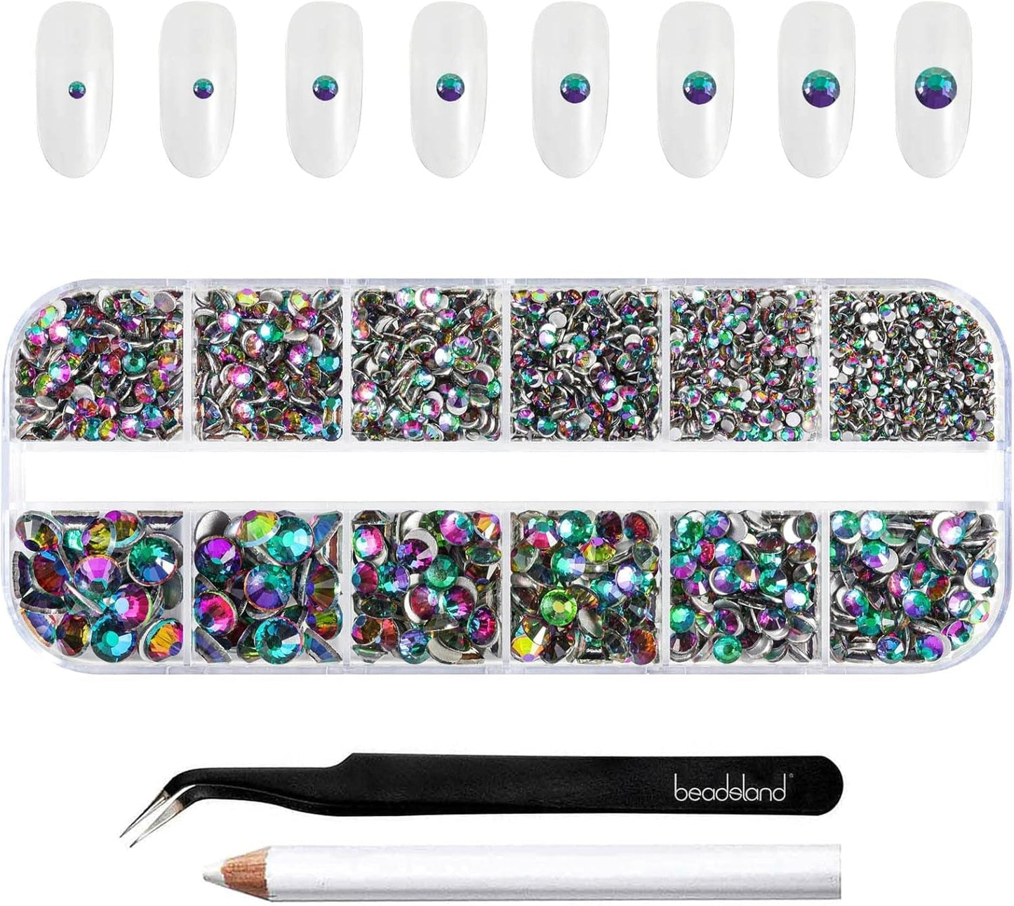 Beadsland 2500 piezas de piedras de cristal para decoración de uñas con parte trasera plana, piedras preciosas para trabajos manuales de 8 tamaños SS4 ~ SS30 con pinzas y puntas (Kristall Weiss)