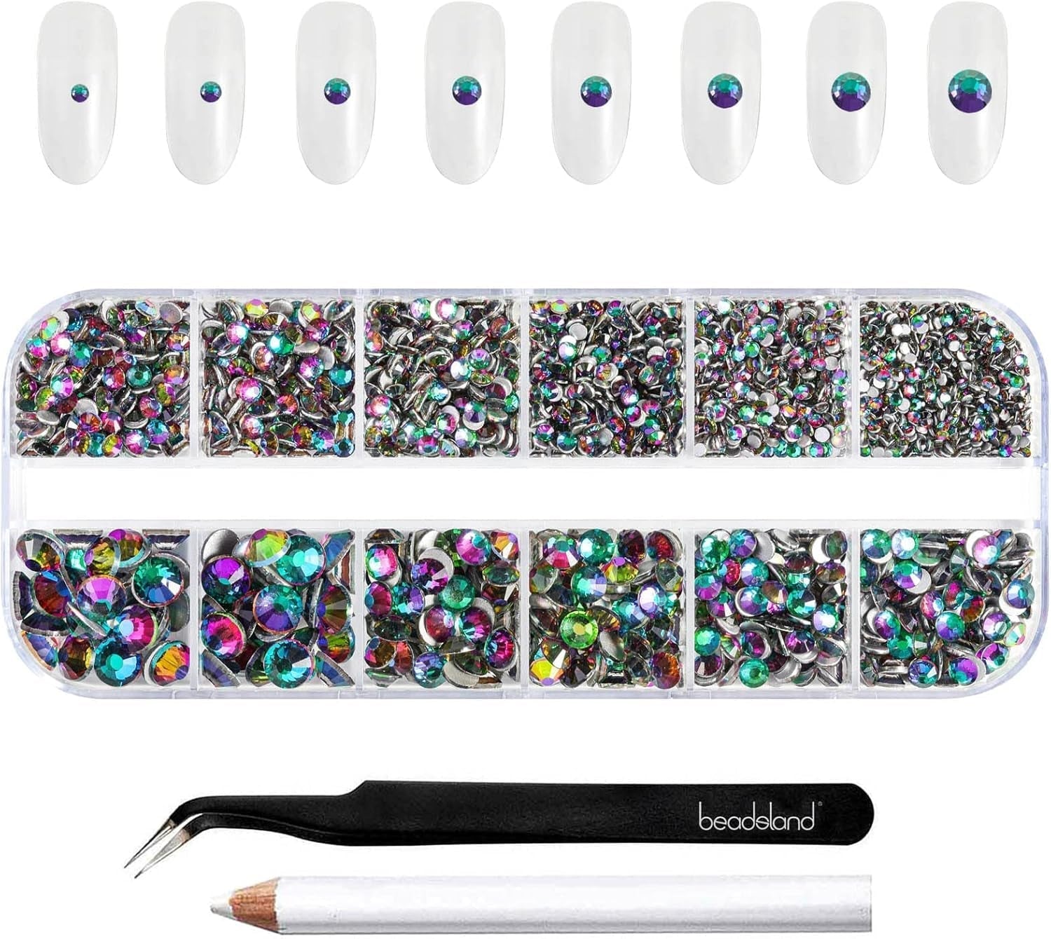 Beadsland 2500 piezas de piedras de cristal para decoración de uñas con parte trasera plana, piedras preciosas para trabajos manuales de 8 tamaños SS4 ~ SS30 con pinzas y puntas (Kristall Weiss)