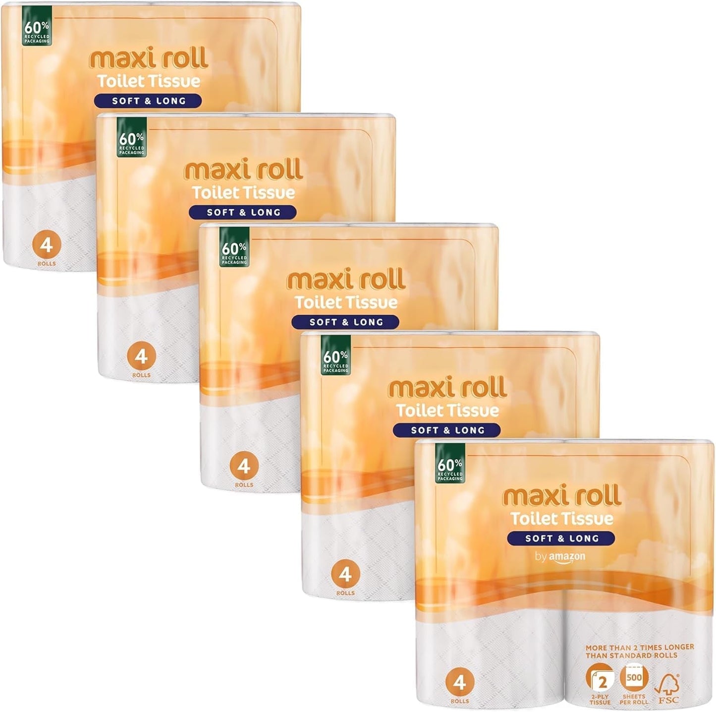 By Amazon Papel higiénico (rollo máximo), 2 capas, acolchado, suave y delicado, 20 rollos (5 paquetes de 4), 500 lágrimas por rollo, certificado Fsc