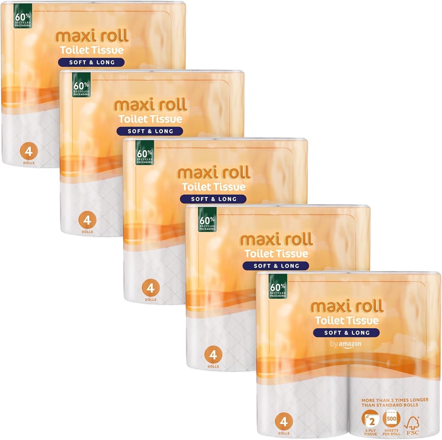 By Amazon Papel higiénico (rollo máximo), 2 capas, acolchado, suave y delicado, 20 rollos (5 paquetes de 4), 500 lágrimas por rollo, certificado Fsc