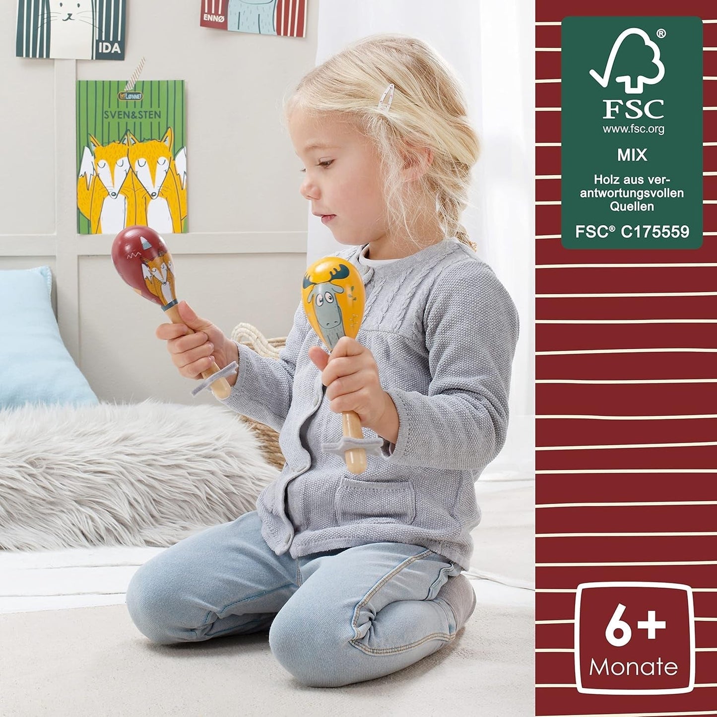 HEJ LØNNE juego de 2 cascabeles de madera - Maracas infantiles - instrumento musical de madera para favorecer la motricidad, la coordinación y el comportamiento social - cascabel de madera para niños - juguete infantil Juguetes Bebe Naty Shop