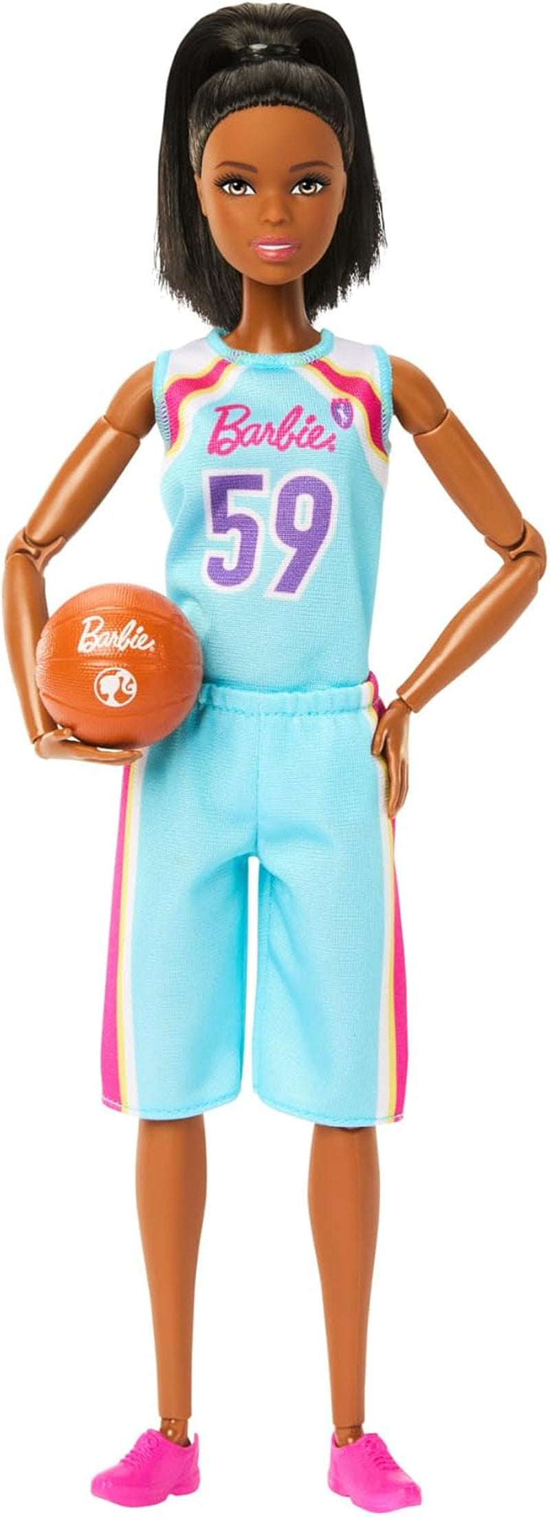 Barbie Made to Move Muñeca y Accesorios, Jugadora de Baloncesto Morena con Vestido Deportivo Desmontable y Pelota, 22 Articulaciones, HKT74