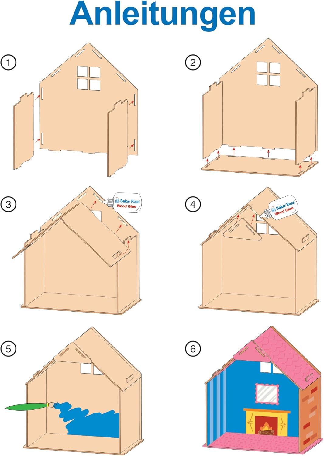 Baker Ross FN199 Construye tu propia casa de muñecas de madera - Kit de construcción de casa de muñecas de 1 pieza para niños Kit de manualidades