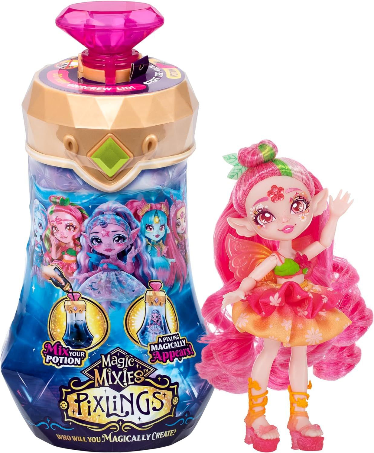 Muñeca Pixlings Faye Deer: La mágica revelación de la hermosa y detallada muñeca Pixlings de 16,5 cm en una botella de poción mágica.