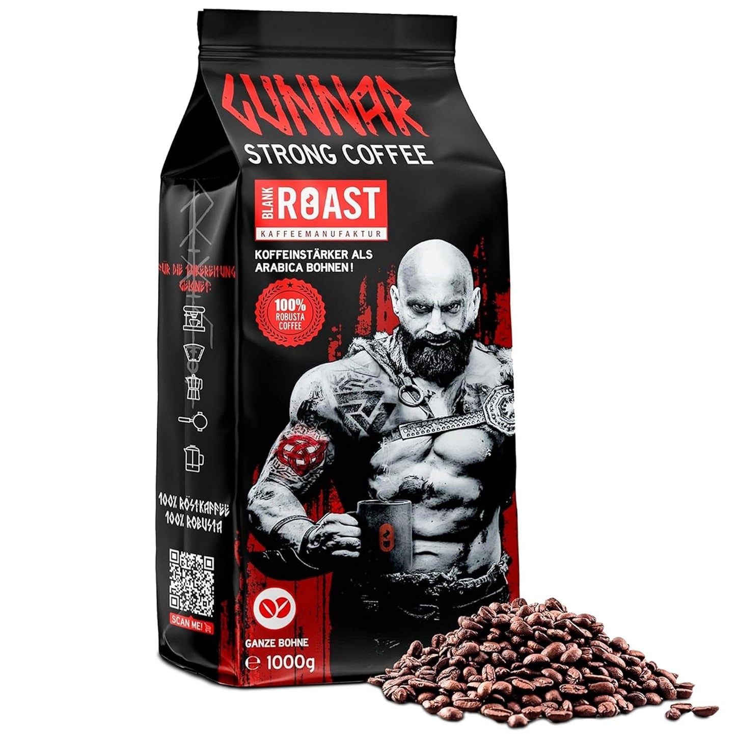Blank Roast - GUNNAR - 1kg - Whole Kaffee-Bohnen Extra Strong - Kräftige Robusta-Röstung - 494mg Kaffein je Tasse - Würzig & Kraftvoll mit Noten von dunkler Schokolade - Säurearm