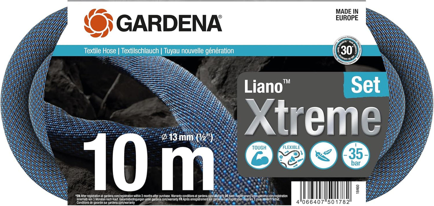 Gardena Liano Xtreme Juego de 1/2 pulgada y 10 m: Manguera de jardín textil extremadamente robusta para grifos interiores con manguera interior de PVC ligera y resistente a la intemperie (18460-20)