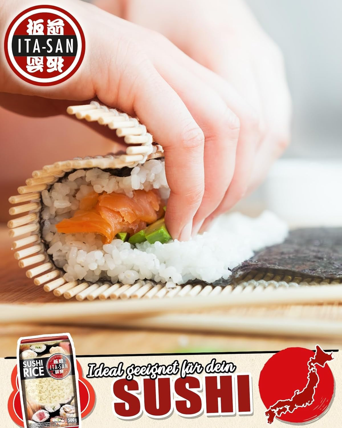ITA-SAN Arroz para Sushi, Grano Redondo, Primera Calidad, Variedad 100% Puro, Fácil y Rápida Preparación, Vegano, Halal, Sin Gluten (1 x 500g)