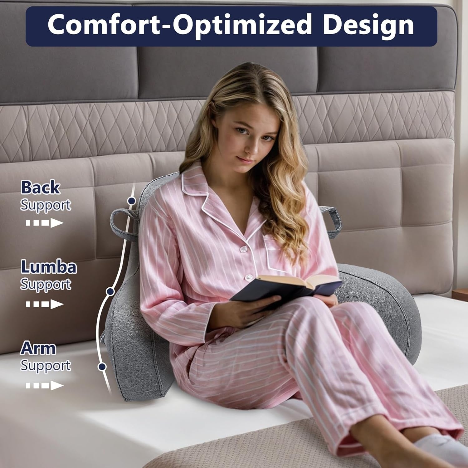 Almohada de lectura, almohada de descanso en cama para adultos y niños, cómoda almohada de terciopelo con reposabrazos, bolsillos y asa para sentarse en la cama, almohada de espalda para leer, estudiar y mirar televisión