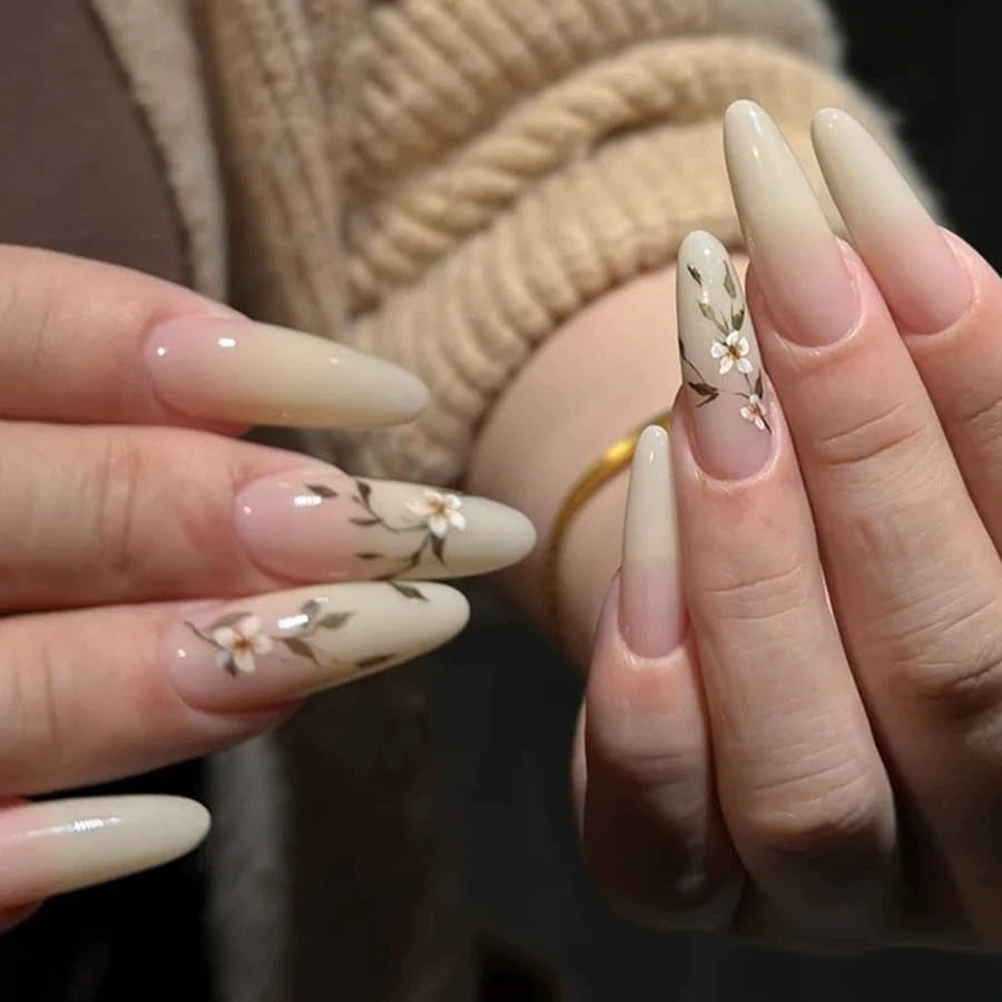 24 piezas de prensa larga en las uñas ataúd uñas artificiales mariposa flor uñas adhesivas blanco marrón acrílico juego de uñas puntas de uñas mujeres primavera verano accesorios de uñas