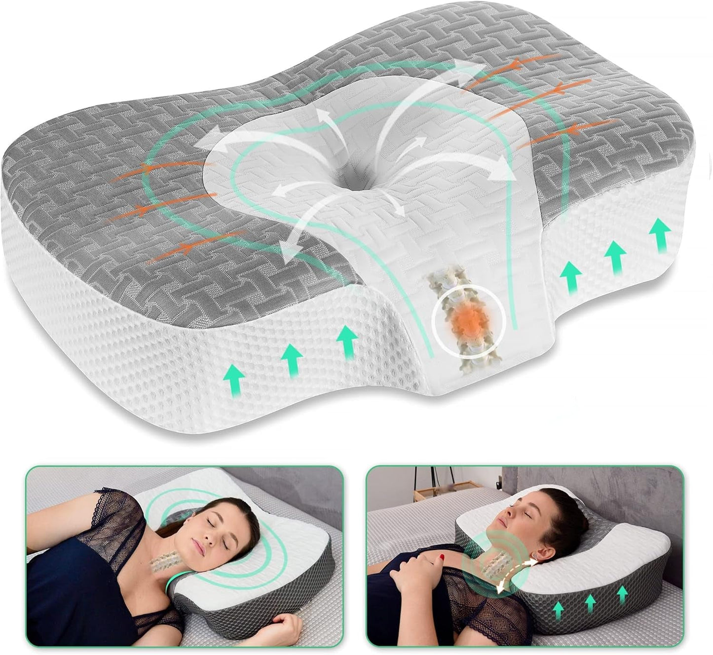 Elviros Almohada ortopédica de espuma viscoelástica Almohada para el dolor de cuello Almohada para dormir Almohada ergonómica para el cuello Almohada de apoyo para el cuello Almohada antirronquidos para personas que duermen de lado boca abajo Almohadas ortopédicas cervicales blancas Naty Shop Gris 60 x 38,6 x 9,9/13,5 cm