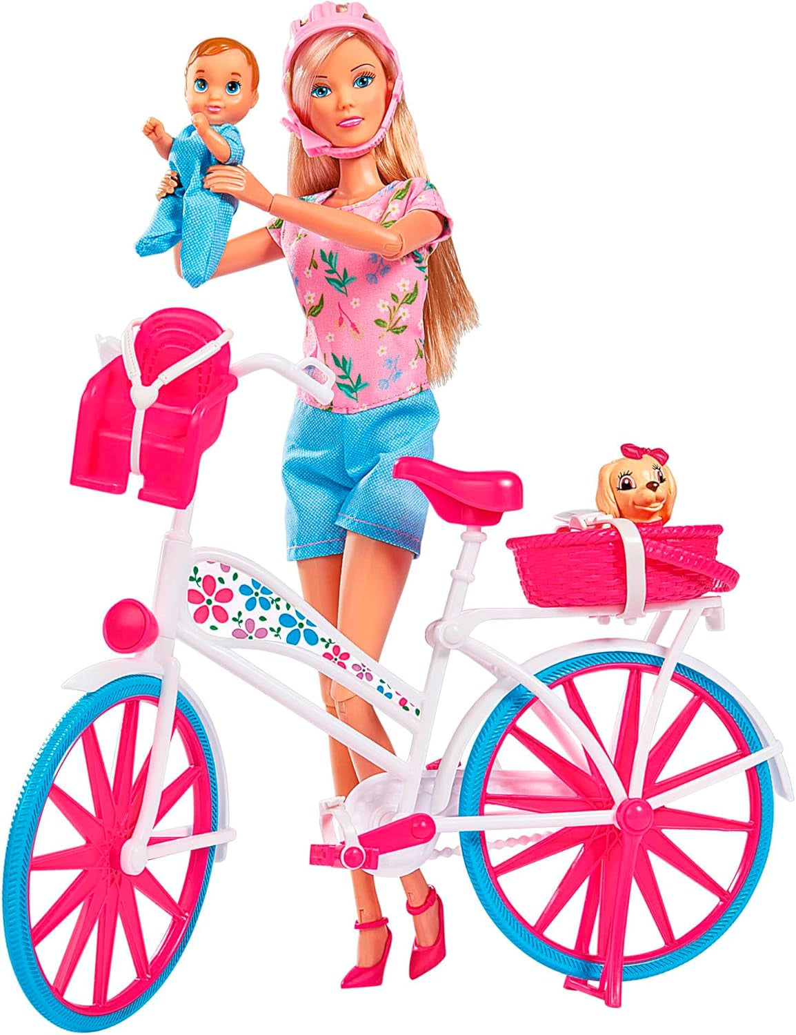 Simba 105739050 - Steffi Love Bike Tour, Steffi y Evi en su castillo de tres pisos con columpio, muebles y muchos accesorios, 40 piezas, 102x90x38cm, para niños a partir de 3 años