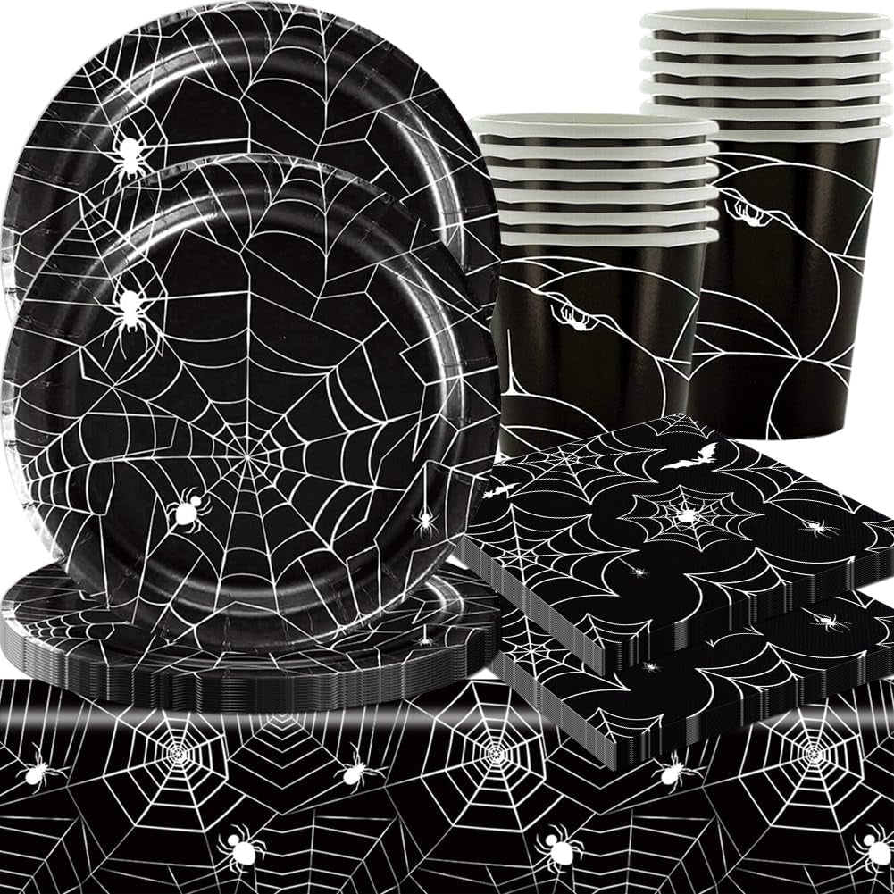 Juego de cubiertos de papel de araña de Halloween de 49 piezas que incluye platos, servilletas, vasos y mantel. Vajilla negra con platos de postre, servilletas y vasos.