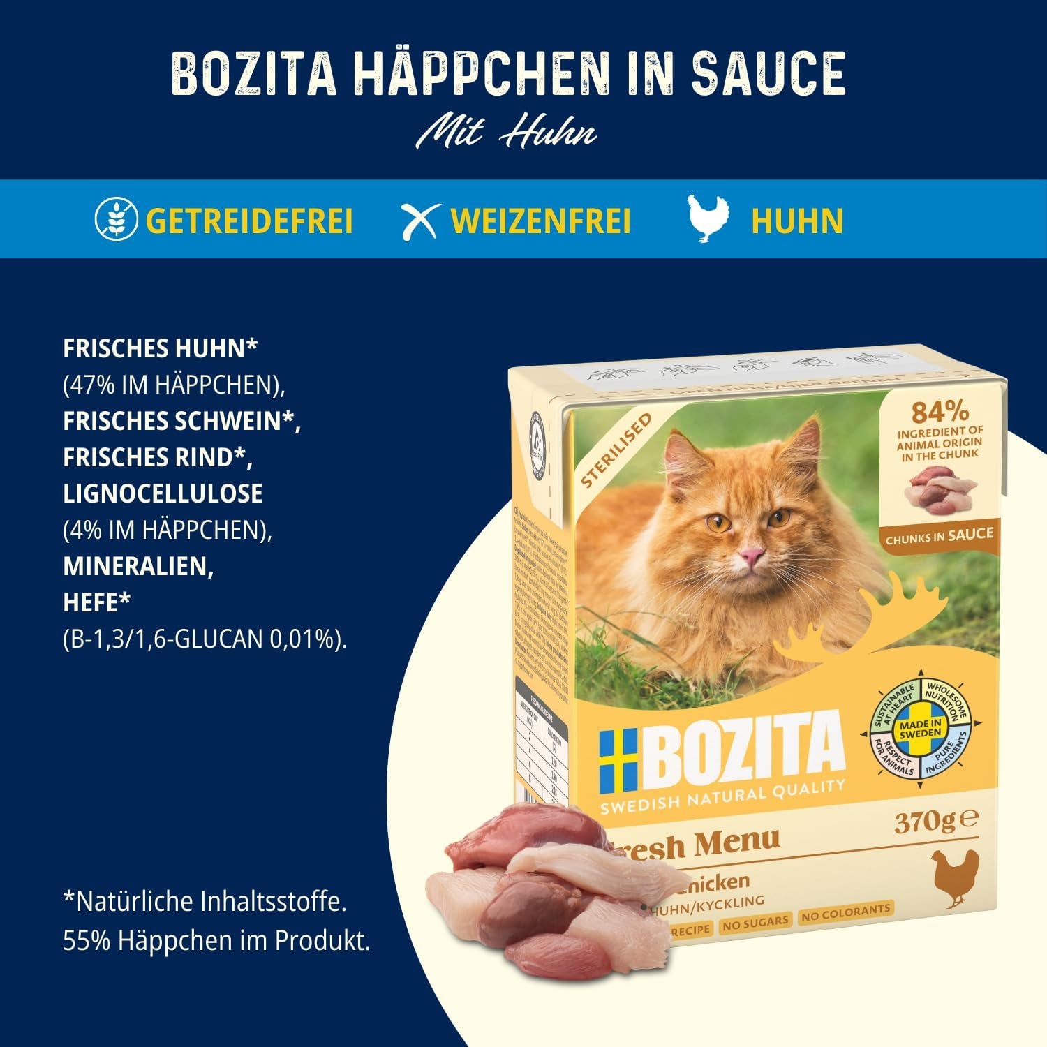 Bozita Tetra Trozos esterilizados en salsa con mucho pollo - 6 x 370 g Comida húmeda para gatos sin cereales ni azúcar - Sin OGM, con 8,5% de proteína y 4,5% de grasa - Alta calidad y extremadamente sabroso