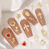 Dijes de uñas dorados, 80 piezas, cruz, corazón de rosa, gemas de uñas de la Virgen María, accesorios de uñas de aleación de metal para decoraciones de diseño de manicura, manualidades DIY