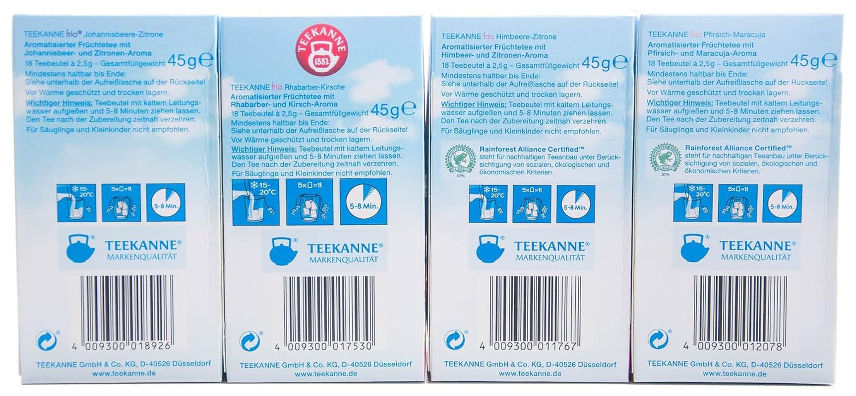 Teekanne Frio Pack de 4, ruibarbo-cereza, grosella-limón, frambuesa-limón, melocotón-maracuyá (4 x 45 g)