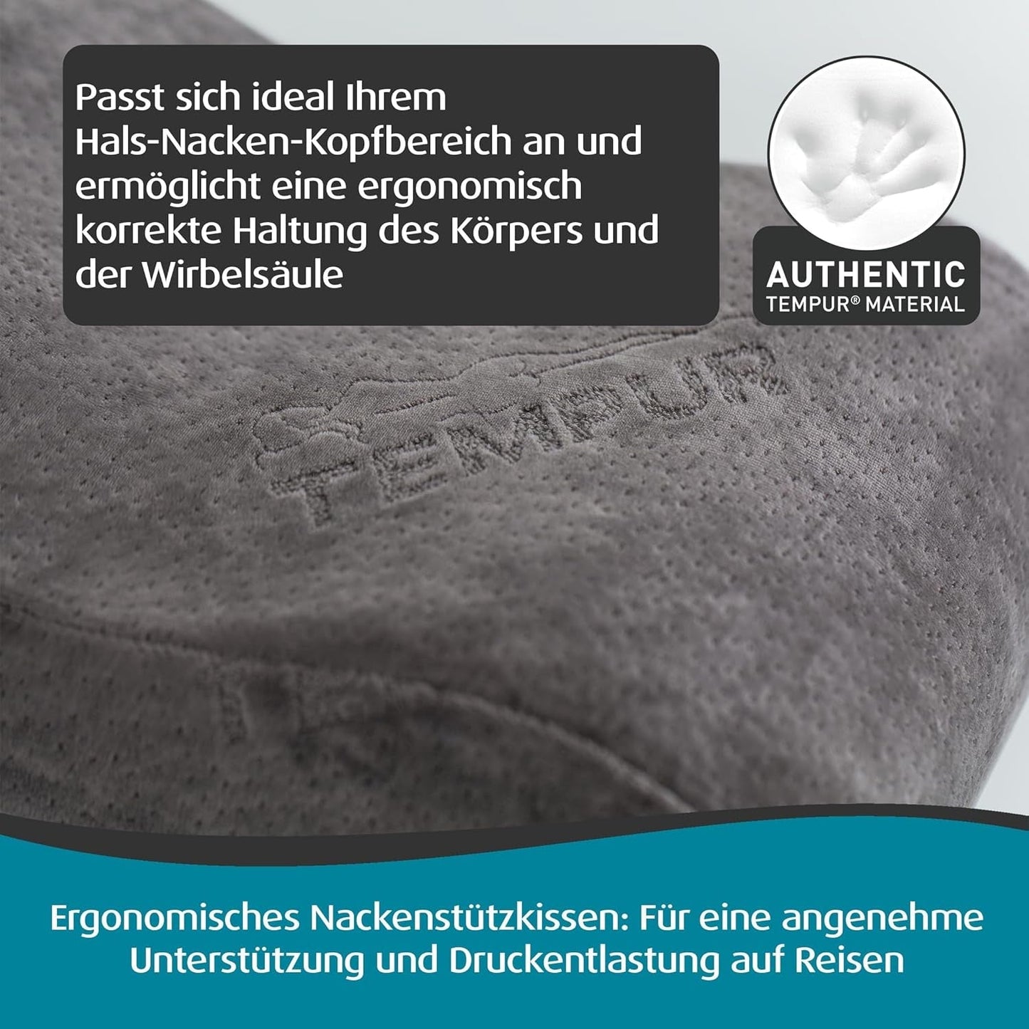 TEMPUR Almohada de Viaje Viscoelástica, Almohada Cervical Ergonómica, Incluye Bolsa de Transporte, Antracita, Dimensiones 25 x 31 x 10/7 cm