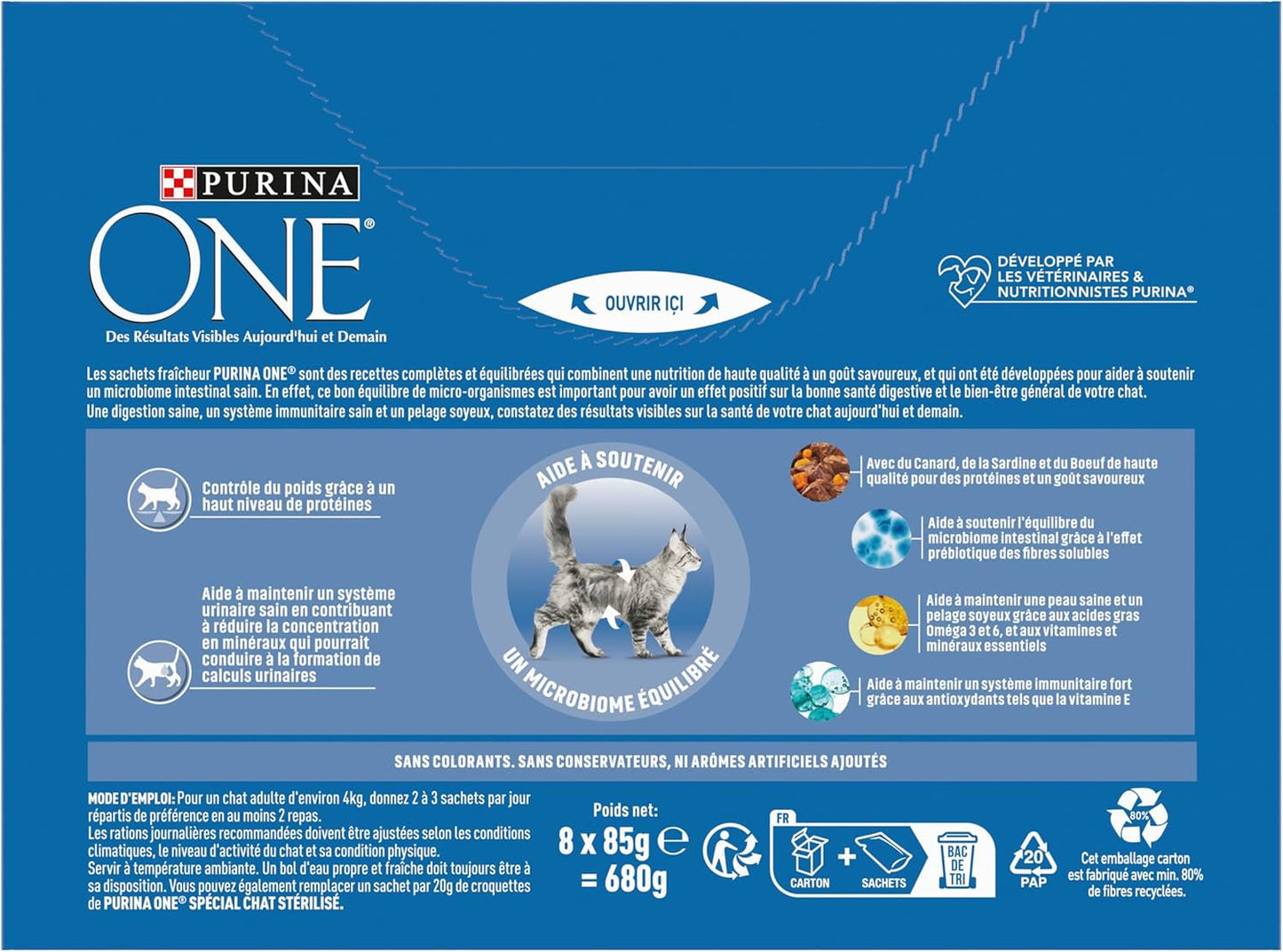 PURINA UNO | BIFENSIS | Alimento para gatos adultos esterilizados | Apoya la vitalidad, los huesos, los músculos y las articulaciones del gato | En salsa | Bolsas con pato, sardinas, ternera, frescura | 1 pieza (8 x 85 g)