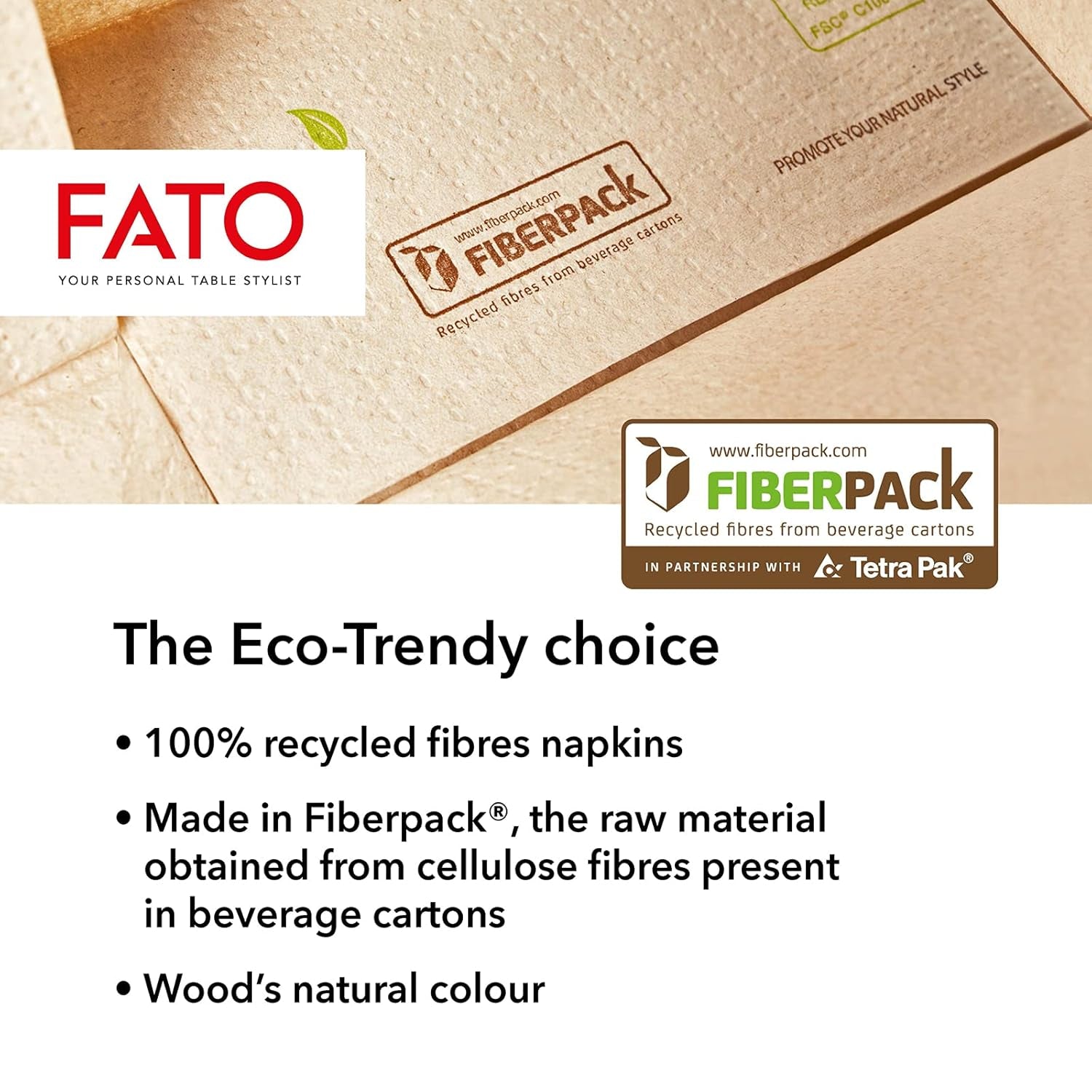 Fato - Servilletas de Papel Desechables Naturales de 4 Pliegues, Ecológicas, Paquete de 40, Tamaño 38X38, 2 Capas, Papel 100% Reciclado