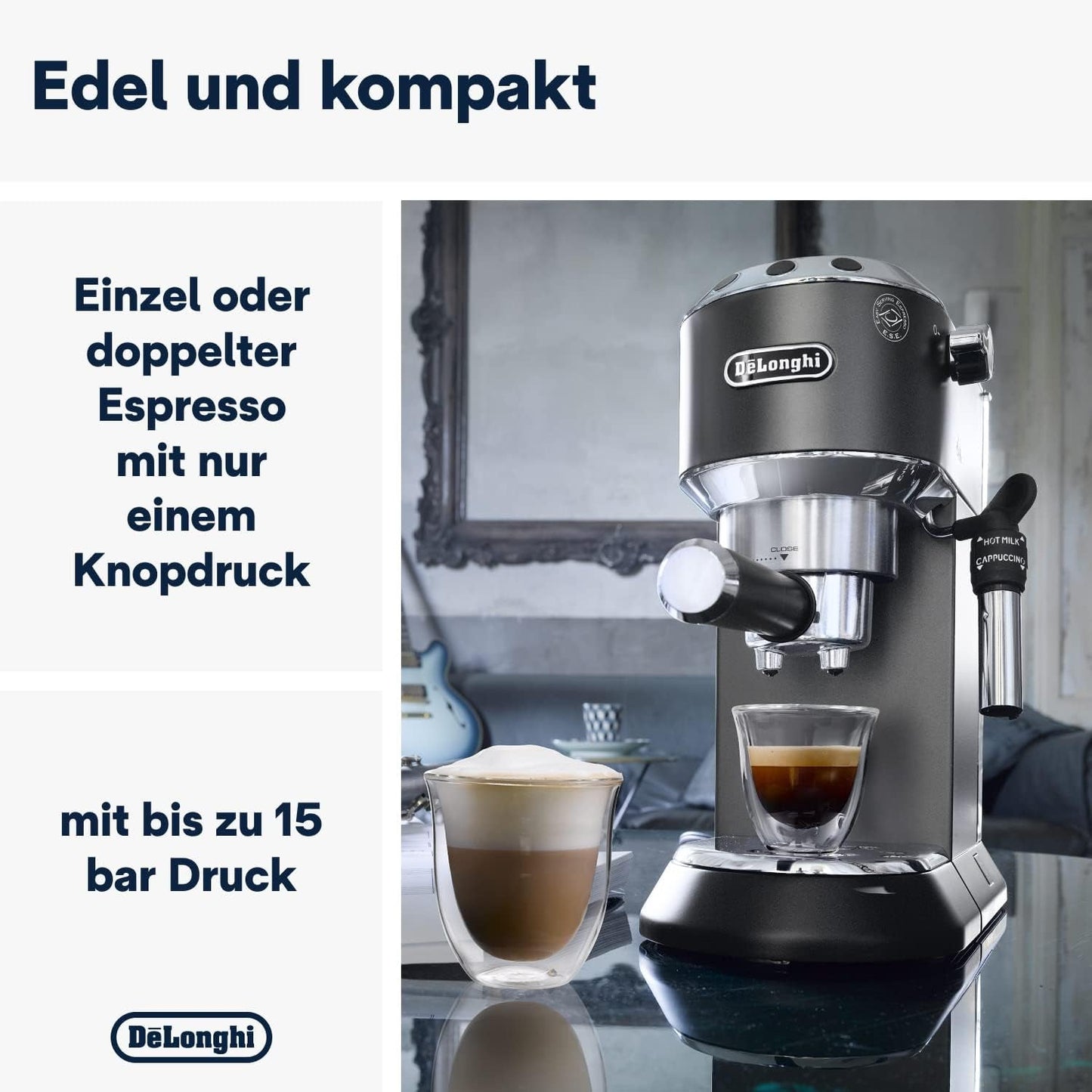 De'Longhi Dedica Style EC 685.B - Cafetera espresso con portafiltro, cafetera espresso con espumador de leche profesional, sólo 15 cm de ancho, para café molido o cápsulas ESE, depósito de agua de 1 l, negro
