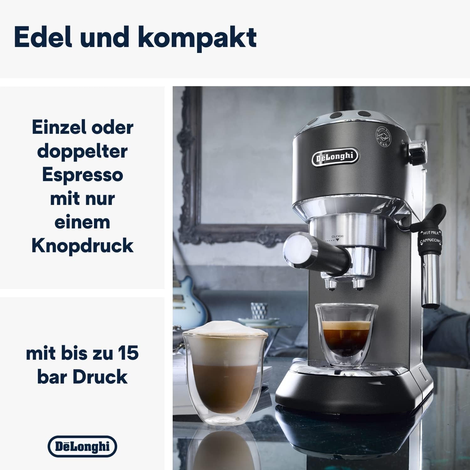 De'Longhi Dedica Style EC 685.B - Cafetera espresso con portafiltro, cafetera espresso con espumador de leche profesional, sólo 15 cm de ancho, para café molido o cápsulas ESE, depósito de agua de 1 l, negro